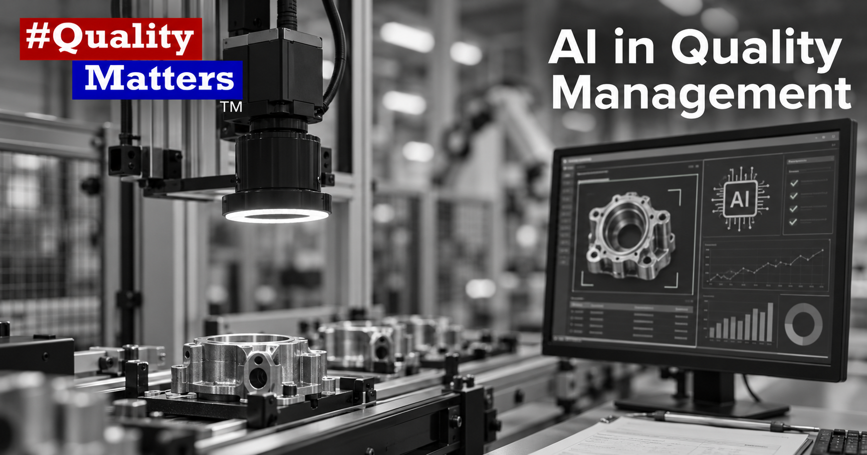 Black-and-white podcast scene with the #QualityMatters logo and Episode 1 title about AI in quality management.