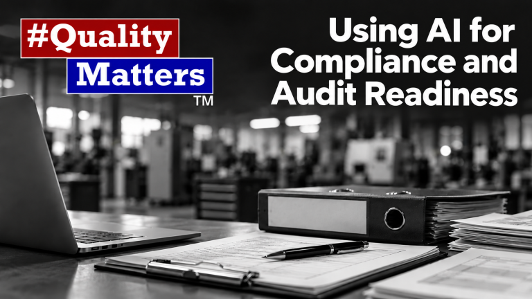 Laptop, binder, and paperwork on a workshop desk with the title Using AI for Compliance and Audit Readiness and the QualityMatters logo.
